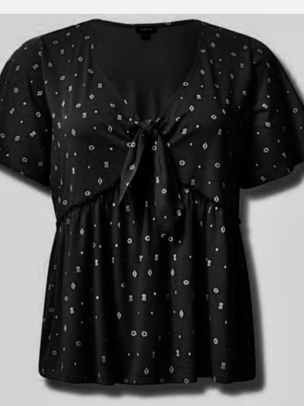 torrid Black Tie-Front Short Sleeve Blouse with Micro Print